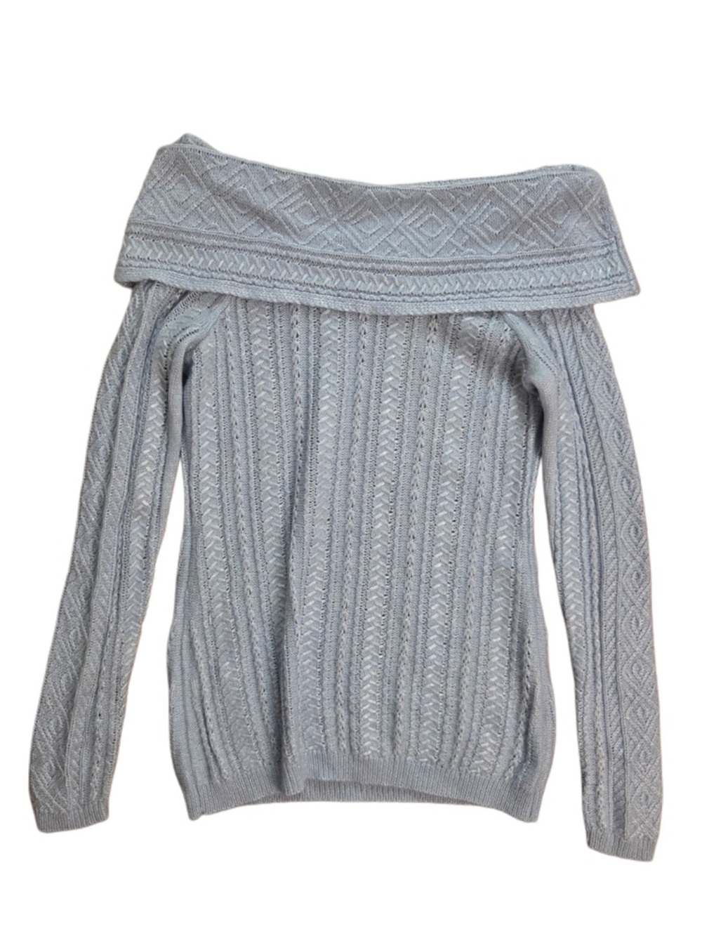White House Black Market Light Gray Off-the-Shoulder Cable Knit Sweater